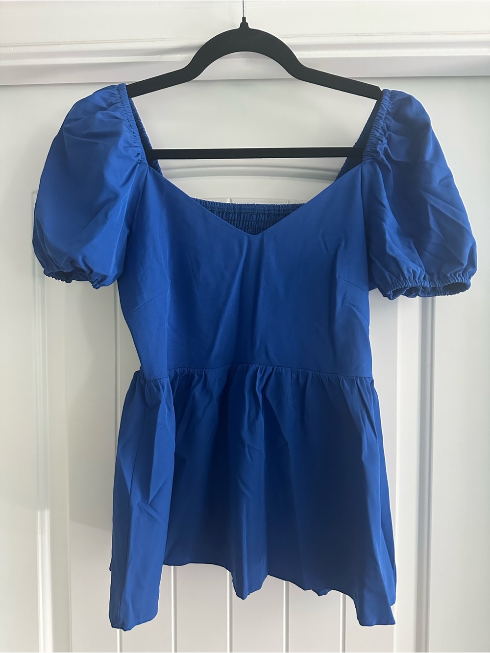 Blue Puff-Sleeve Peplum Top - Women